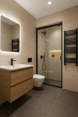 Çankaya, Etimesgut ve Tüm Ankara'ya Hızlı Tadilat Servisi Ankara'da TDA tarafından tamamlanmış modern anahtar teslim banyo tadilatı projesi. Banyo tadilatı sırasında büyük ebat seramik fayans döşeme uygulaması. Sızdırmazlık garantili cam duşakabin ve banyo duş sistemi yenileme. Ankara banyo dolabı ve modern lavab